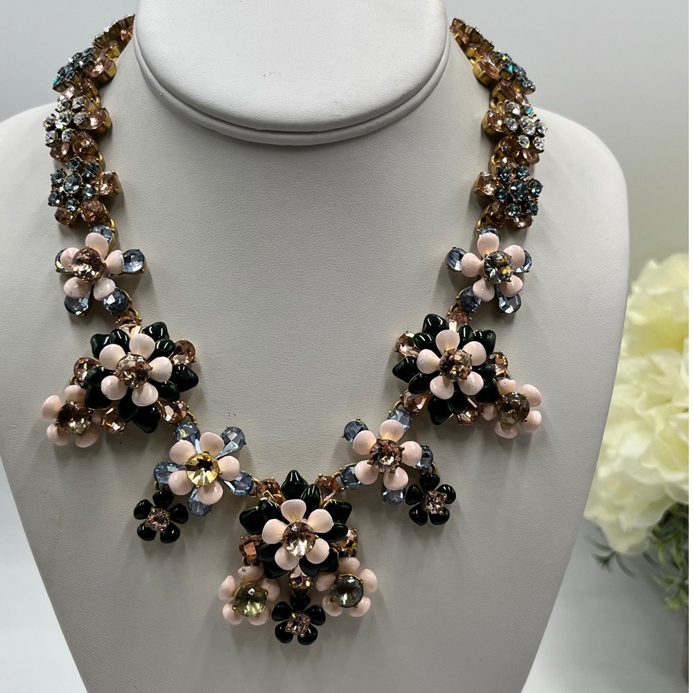 J. Crew Brûlée Pink Green AB Rhinestone Enamel Floral Statement Necklace‎